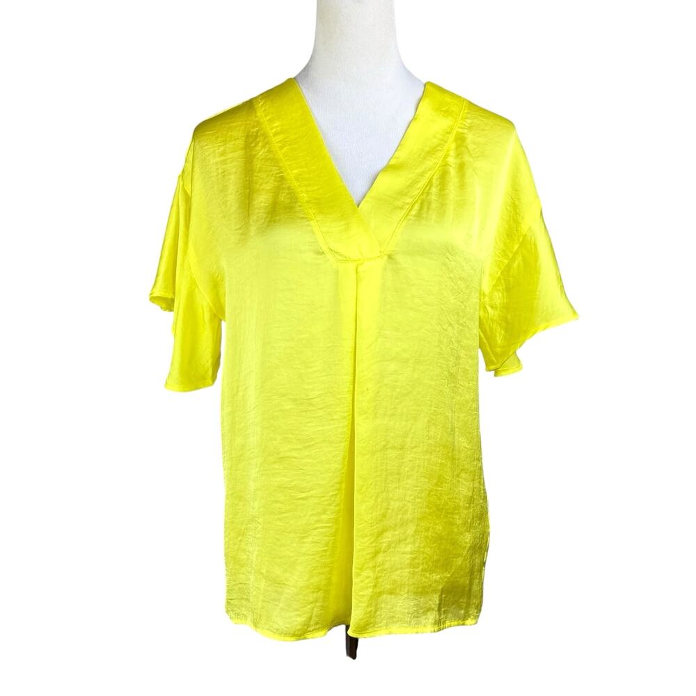 Ivy Jane Bright Neon Yellow Satin V-neck Flutter Short Sleeve Blouse